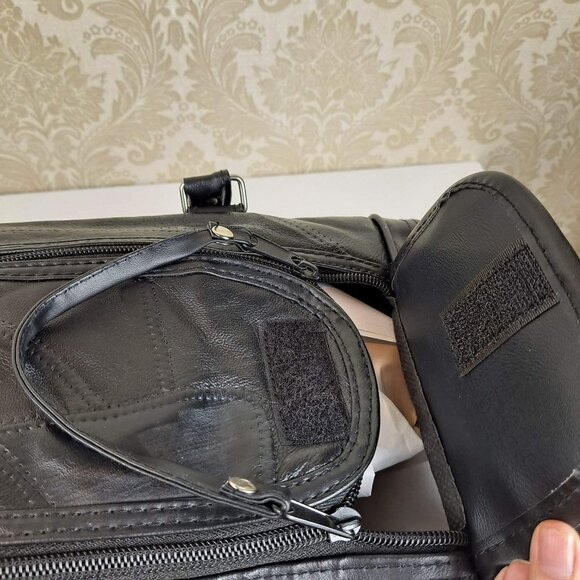 Genuine Black Leather Patchwork Duffel Bag With Adjustable Strap Multi Pockets - Picture 14 of 16